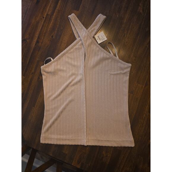 Club Monaco Simply Taupe Wide Rib Tank Top Halter Cross Neck Knit Large L NEW - Picture 2 of 5